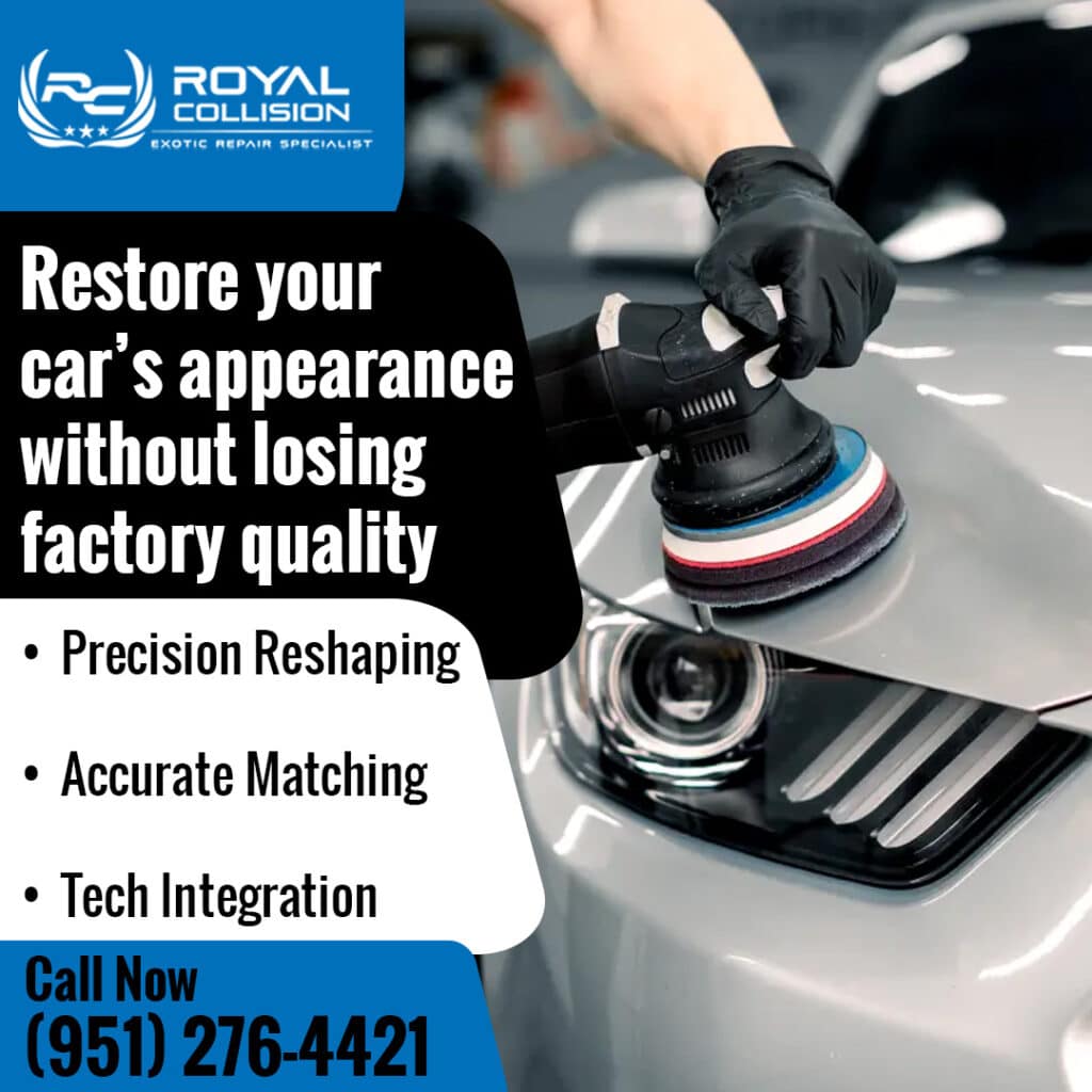 Technician polishing car surface with machine buffer for paint correction and factory finish