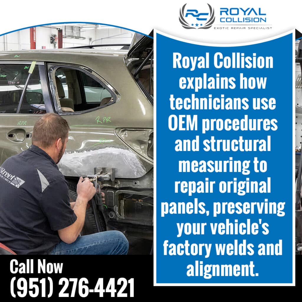 Auto body technician performing OEM structural repair and panel alignment on vehicle