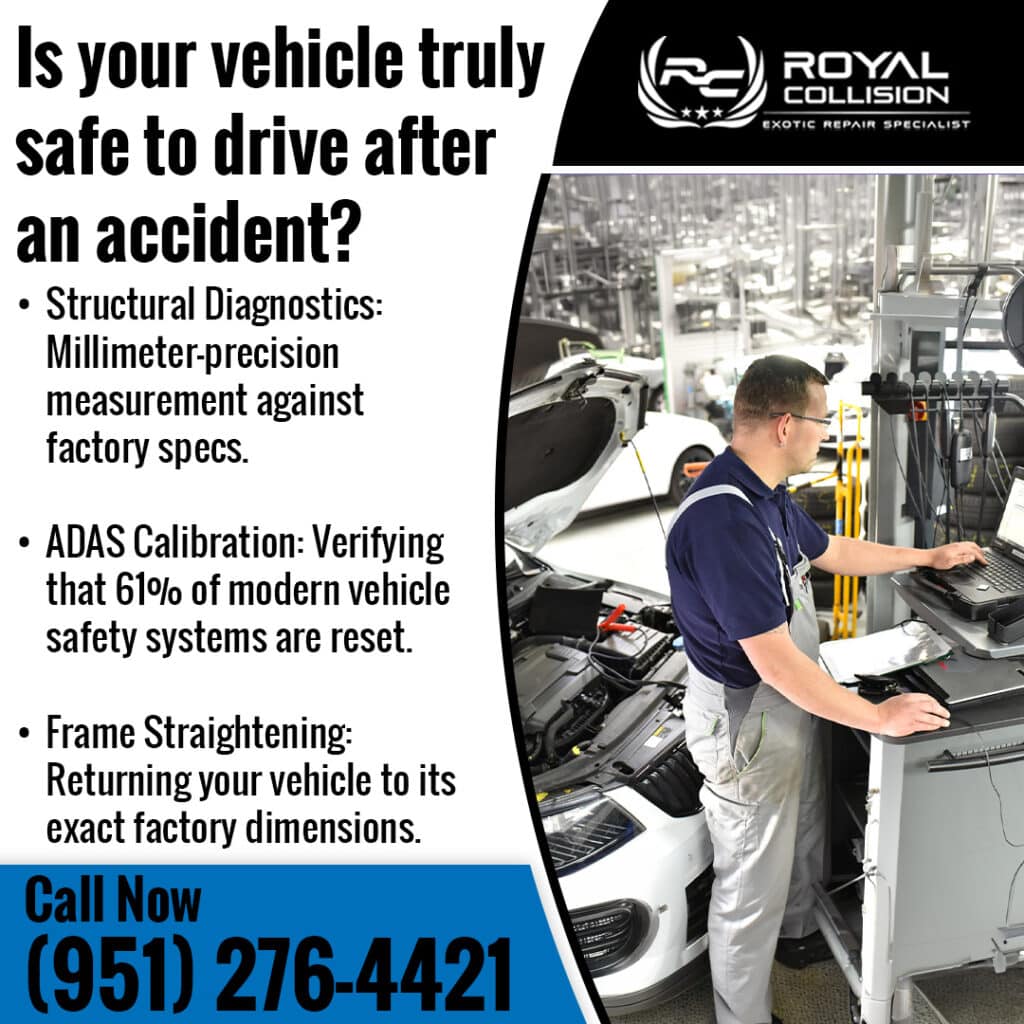 Technician performing vehicle diagnostics and ADAS calibration after collision to ensure safety