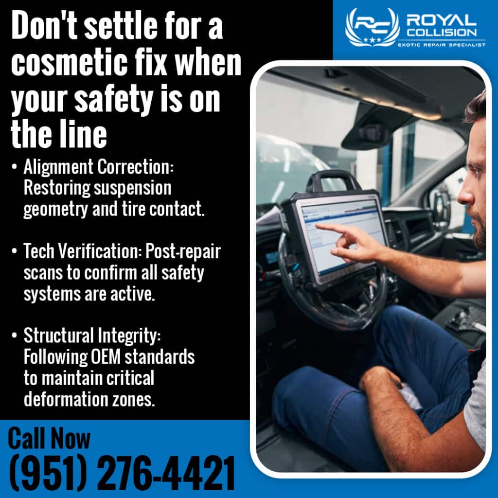 Technician performing post-repair diagnostic scan inside vehicle to verify safety systems