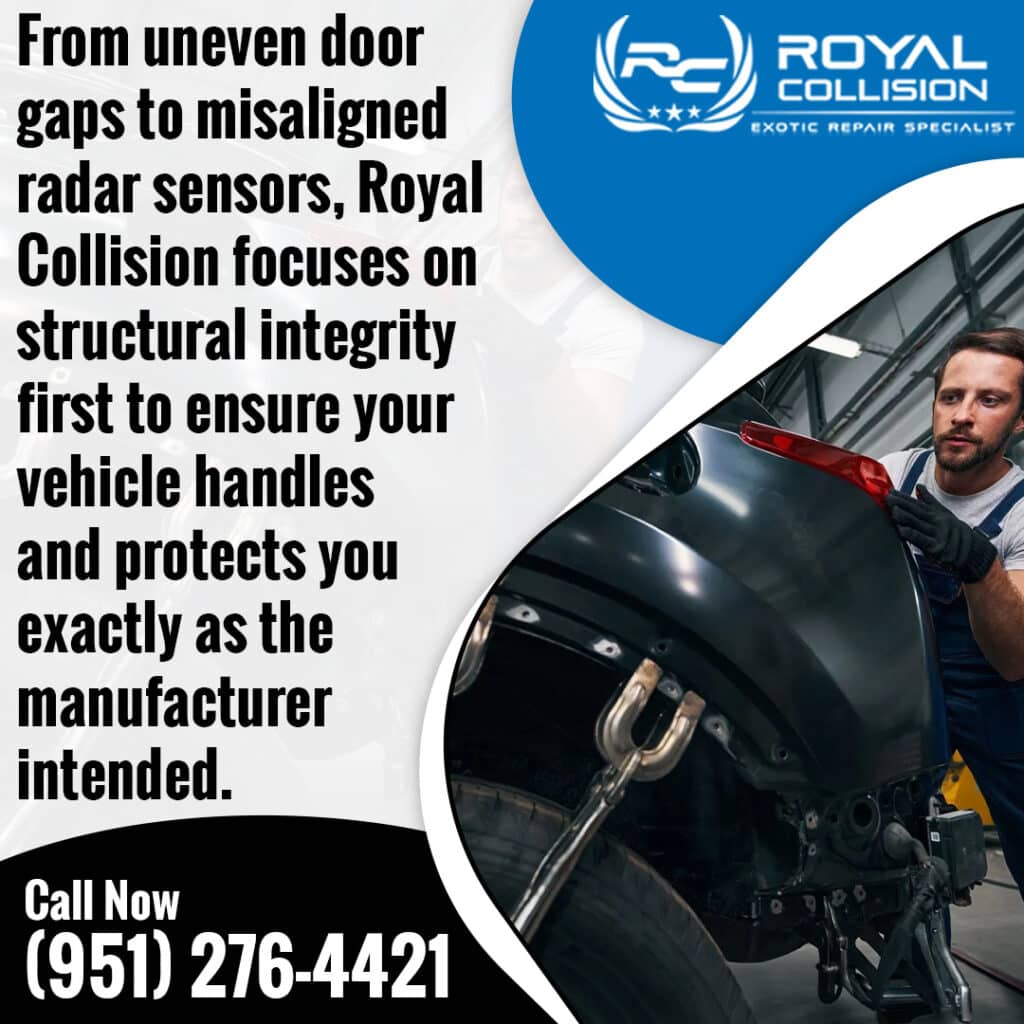 Technician aligning vehicle body panel to restore structural integrity after collision