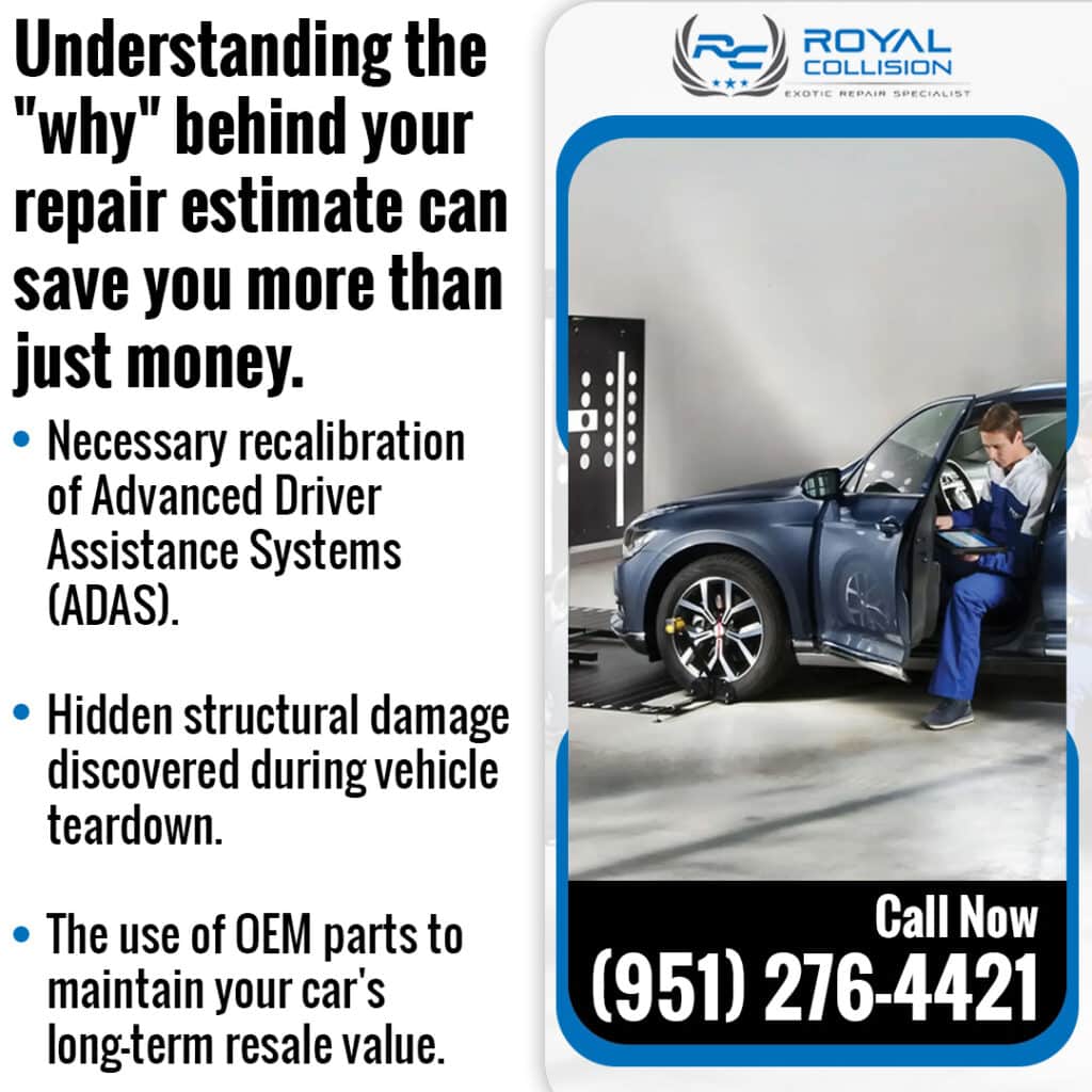 Vehicle undergoing ADAS recalibration at Royal Collision as part of an OEM collision repair estimate and safety restoration process