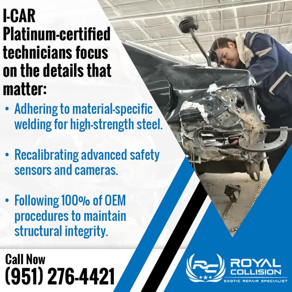 I-CAR Platinum-certified technician repairing structural collision damage at Royal Collision while following OEM procedures and recalibrating safety systems
