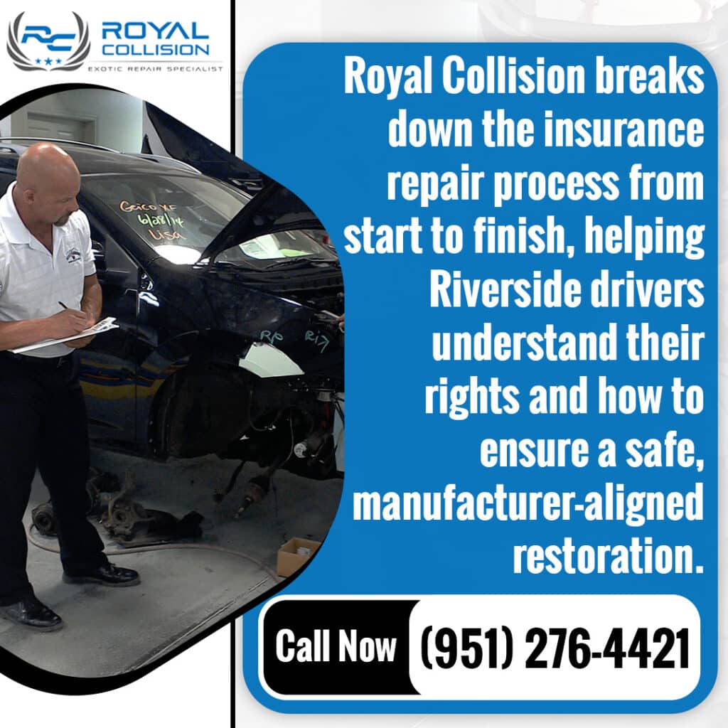 Collision repair specialist inspecting a damaged vehicle at Royal Collision during the insurance repair process for manufacturer-aligned restoration