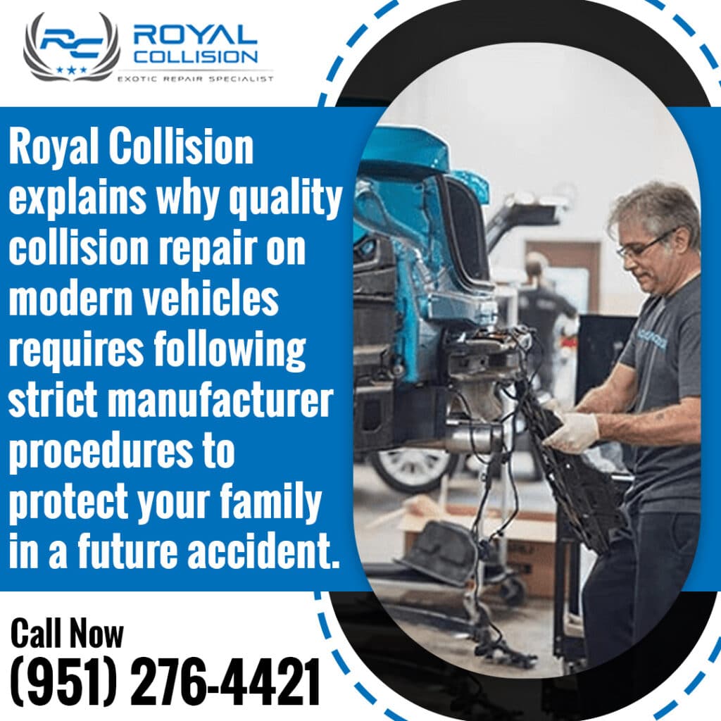 Technician performing OEM collision repair on a modern vehicle at Royal Collision using manufacturer procedures to restore safety