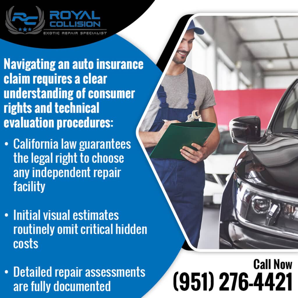 Infographic from Royal Collision outlining auto insurance claim rights and independent repair facility choices under California law.