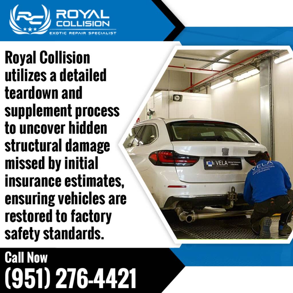 Graphic from Royal Collision explaining the detailed teardown and supplement process used to uncover hidden structural damage.
