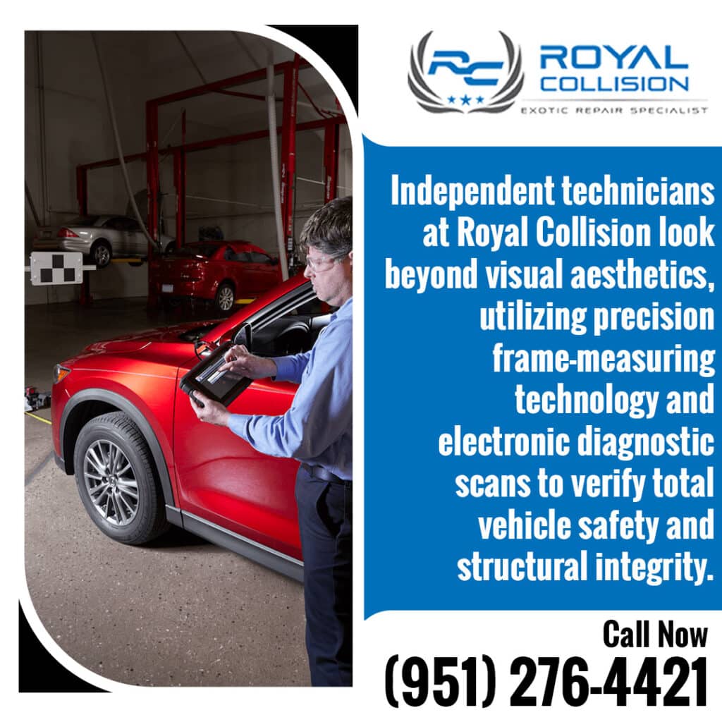 Graphic from Royal Collision highlighting frame-measuring technology and diagnostic scans to verify structural integrity.