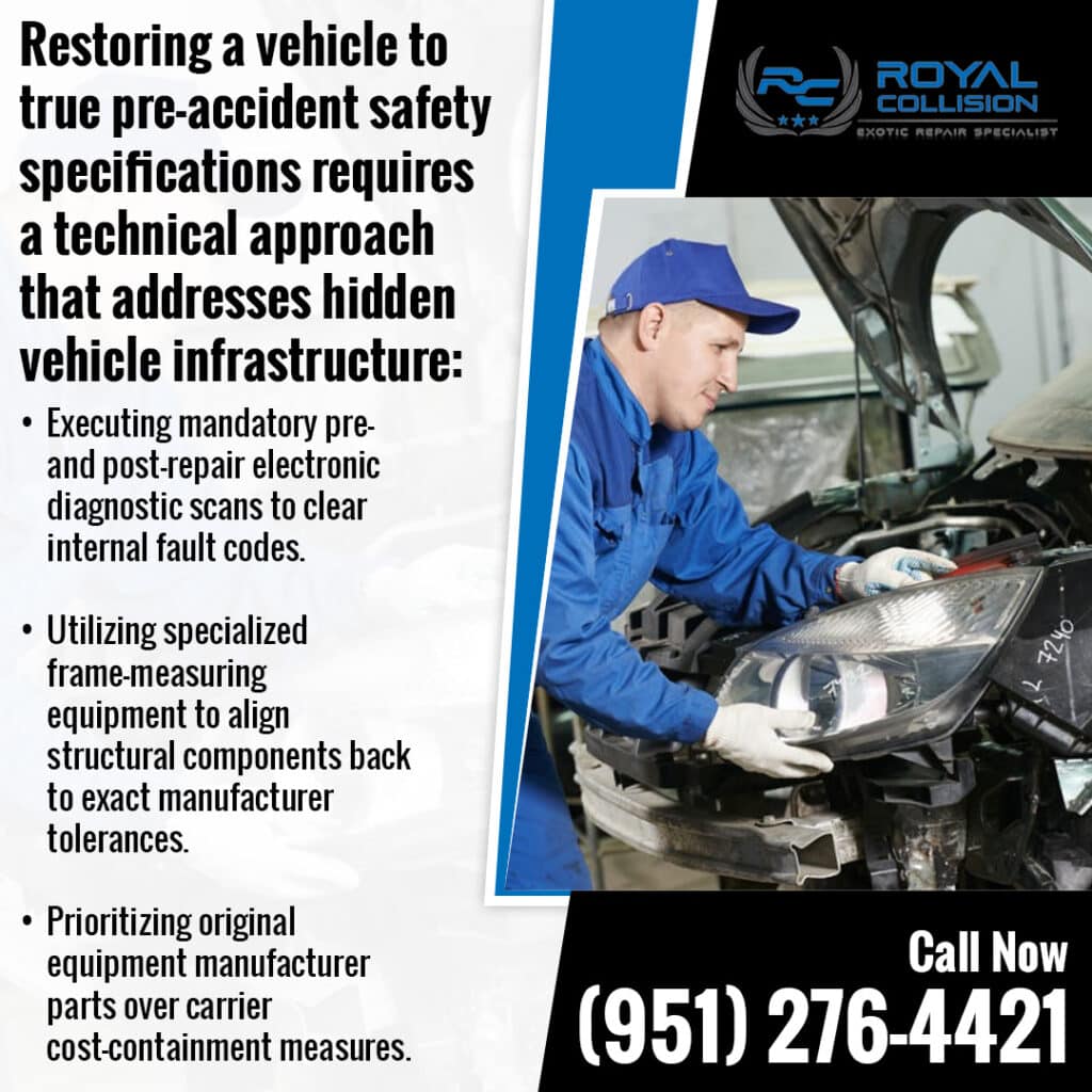 Infographic from Royal Collision listing technical approaches required to restore a vehicle to pre-accident safety standards.