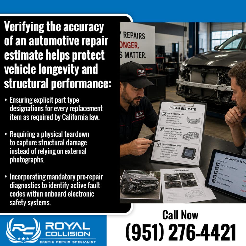 Infographic from Royal Collision listing steps to verify an automotive repair estimate's technical accuracy.