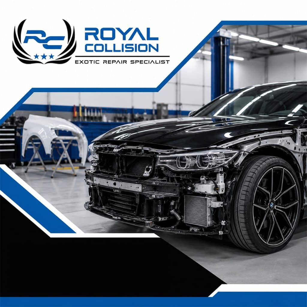 A black BMW undergoing front-end disassembly and repair inside an auto body shop, showing the exposed bumper support and radiator components.