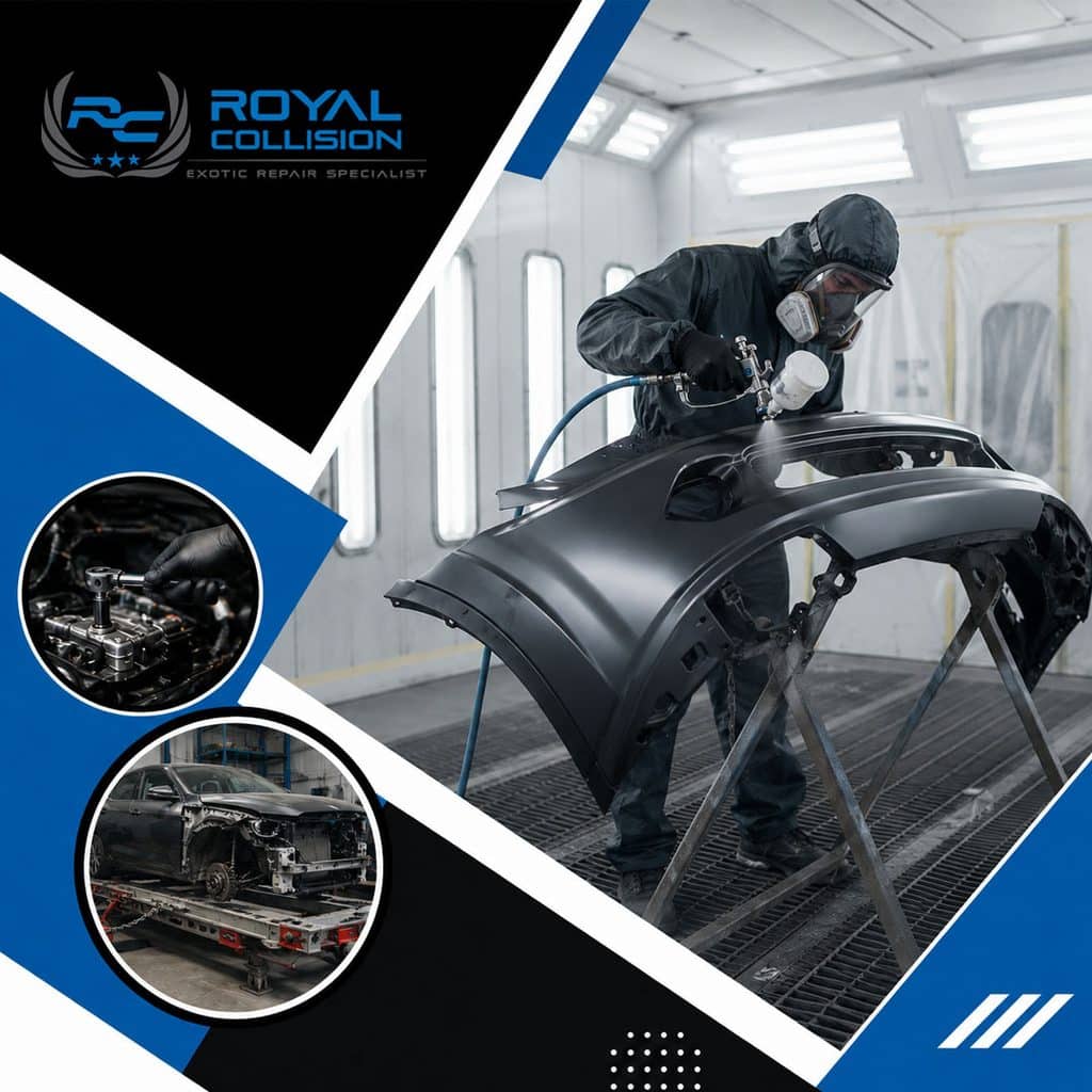A technician wearing a protective respirator suit and spray gun painting a detached car bumper on a stand inside a paint booth, with circular insets showing mechanical engine repair and frame alignment.