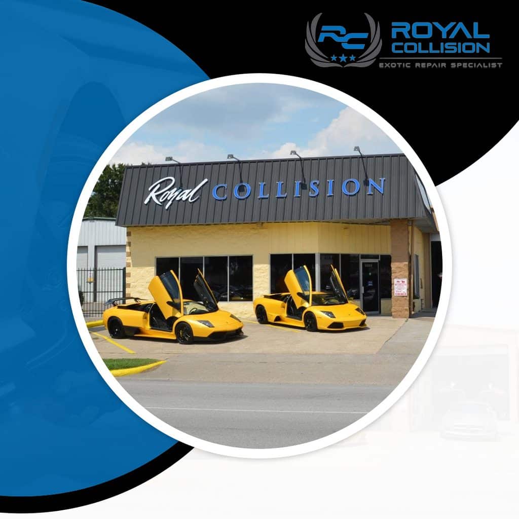 Exterior storefront of Royal Collision featuring two yellow Lamborghini supercars parked out front with their scissor doors open.