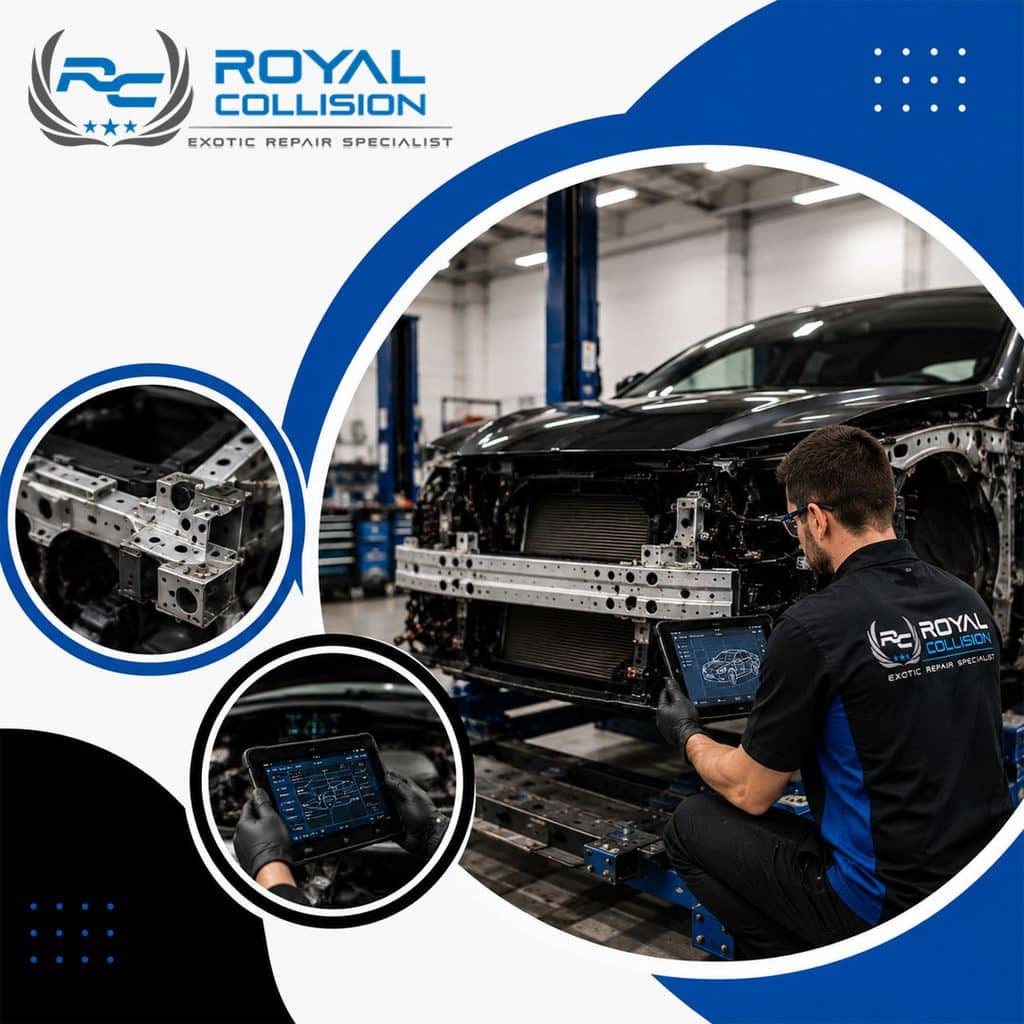 A collision technician checking digital chassis schematics on a tablet next to an exposed front unibody frame, with inset views of structural brackets and diagnostic screens.