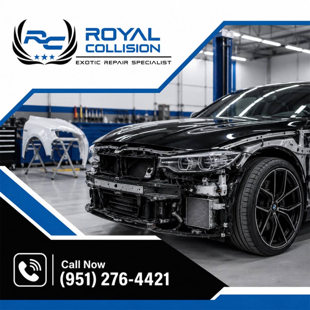 A black BMW undergoing front bumper and fender disassembly inside a modern collision repair shop, exposing the radiator assembly and internal components.