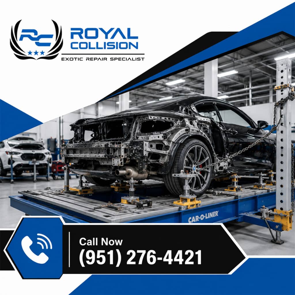A stripped-down black luxury car secured onto a Car-O-Liner frame straightening bench system inside an auto body repair facility.