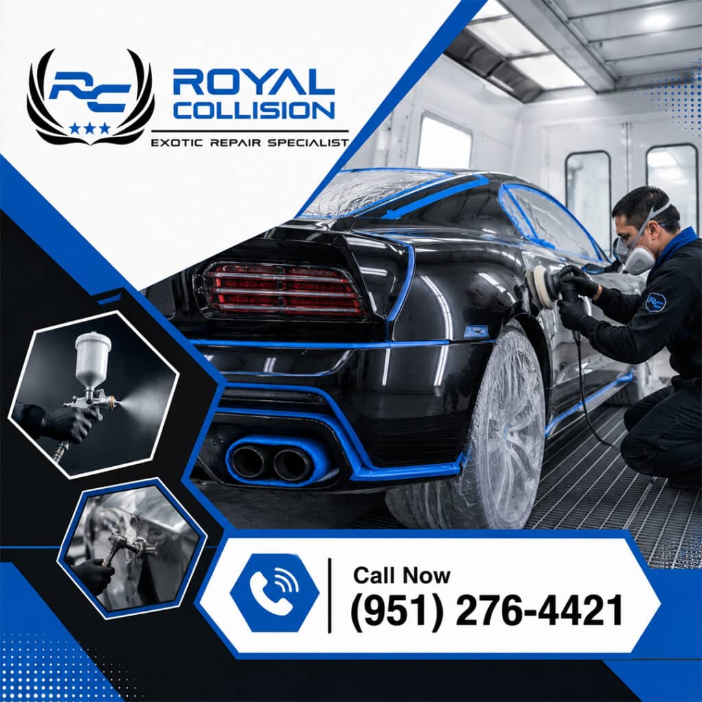 A technician buffing the rear quarter panel of a black sports car in a spray paint booth, with inset visuals showing paint spraying and dent pulling tools.