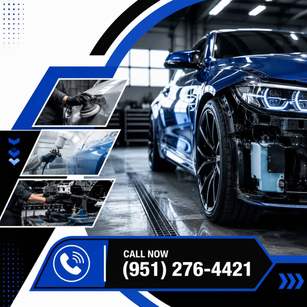 A blue BMW sports car undergoing bodywork repairs, with inset thumbnail images displaying sanding, paint spraying, and frame alignment steps.