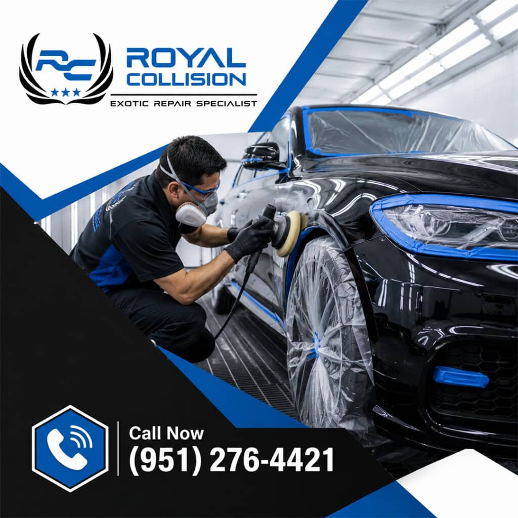 A technician wearing a respirator mask and protective gloves using a rotary buffer to polish the front fender of a taped-off black luxury vehicle inside a paint booth.