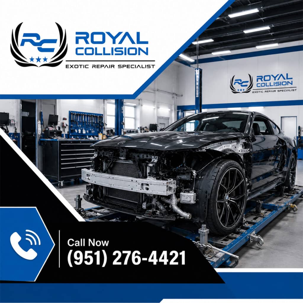 Front three-quarter view of a black BMW sports car anchored to a hydraulic unibody alignment rack inside the Royal Collision service bay.