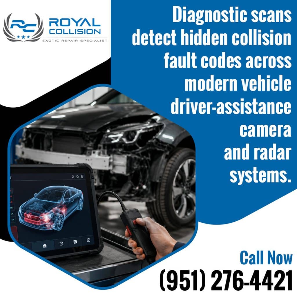 A technician holding a diagnostic scanner tool to detect hidden fault codes on a vehicle's driver-assistance camera and radar systems at Royal Collision.