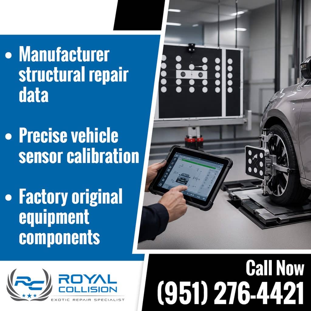 A technician using a diagnostic tablet for vehicle ADAS sensor calibration next to a alignment target setup at Royal Collision, highlighting manufacturer structural repair data, precise sensor calibration, and factory original equipment components.