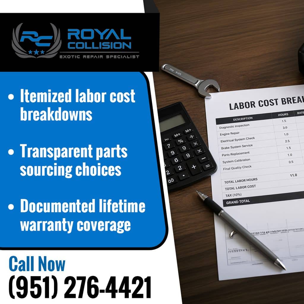 A detailed labor cost breakdown document with a calculator and pen on a desk at Royal Collision, highlighting itemized labor, transparent parts sourcing, and documented lifetime warranty coverage.