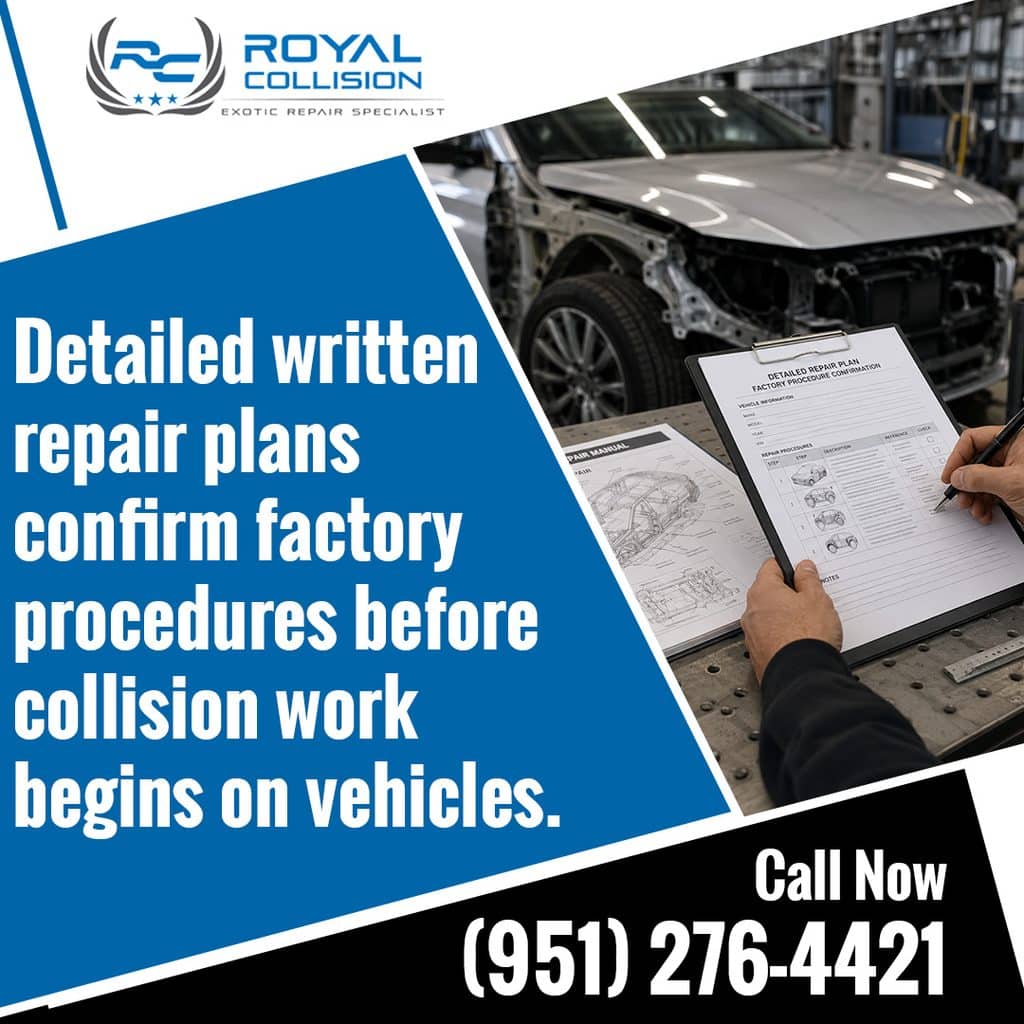 An auto body technician completing a detailed written repair plan and factory procedure checklist next to a vehicle chassis at Royal Collision, with text emphasizing that written repair plans confirm factory procedures before work begins.