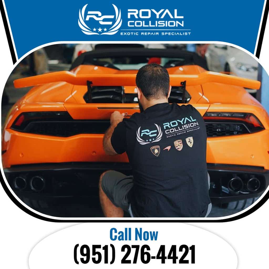 An exotic repair specialist at Royal Collision performing body repairs on the rear end of an orange Lamborghini sports car.