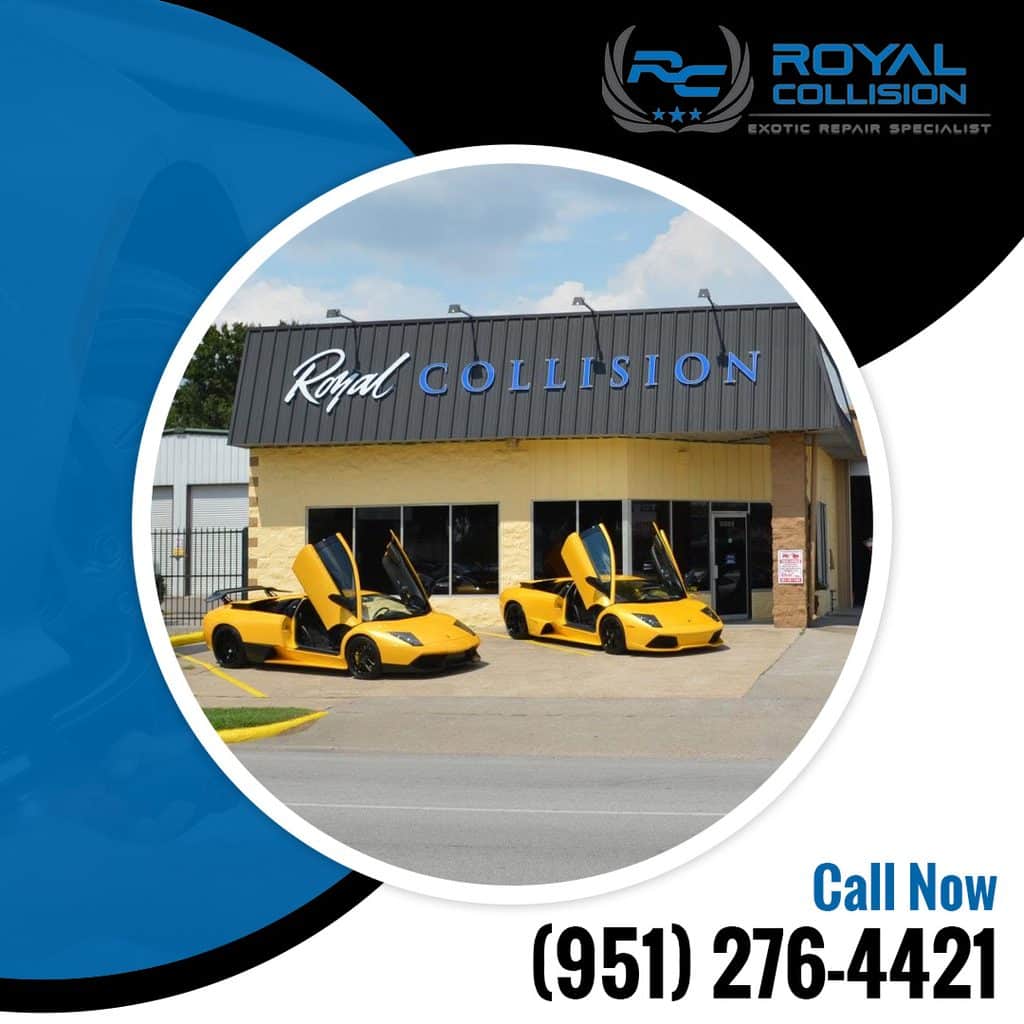Exterior view of the Royal Collision repair facility with two yellow exotic sports cars parked out front, showcasing their specialized exotic auto body repair location.