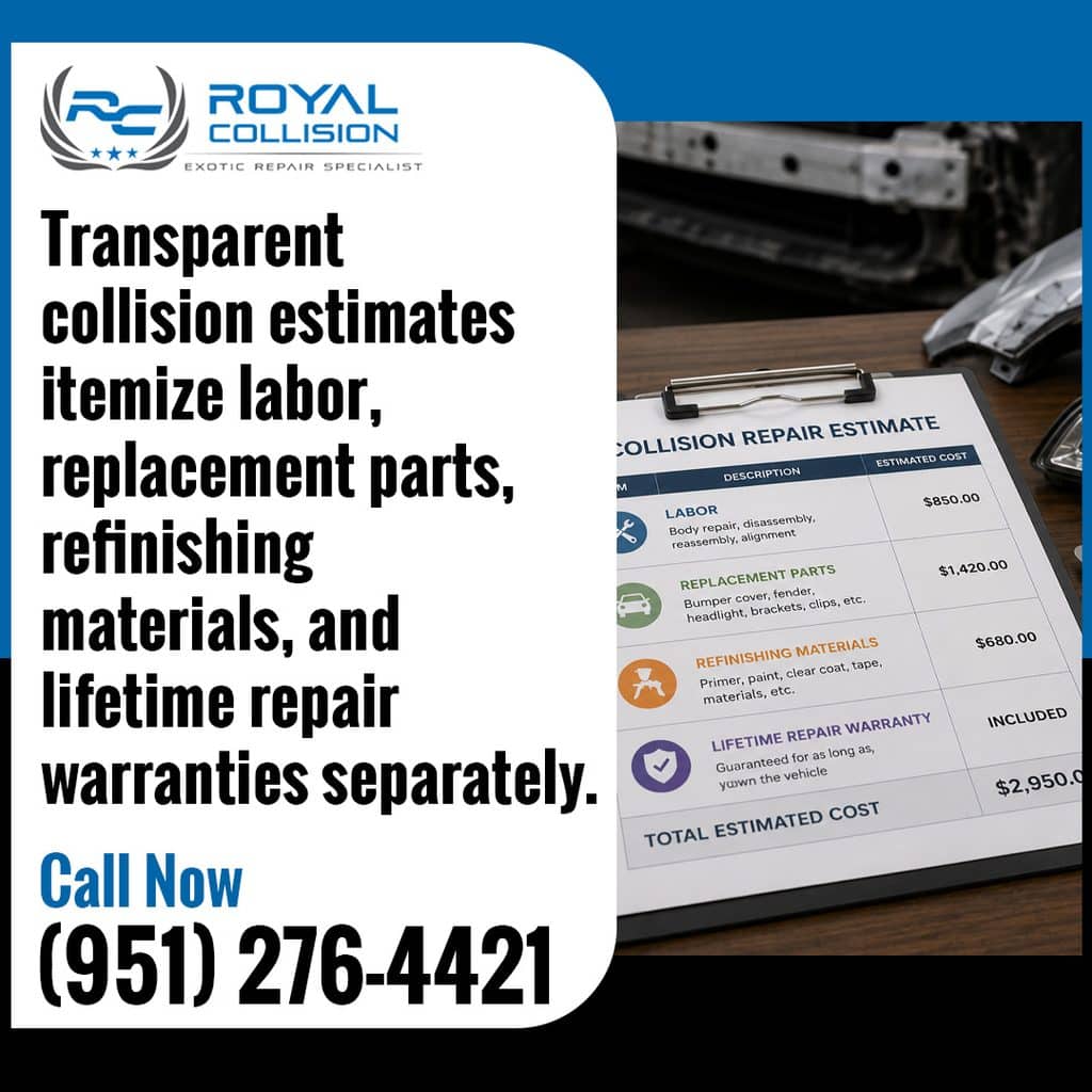 A clipboard displaying an itemized collision repair estimate document with labor, replacement parts, refinishing materials, and lifetime repair warranty breakdowns, branded for Royal Collision.