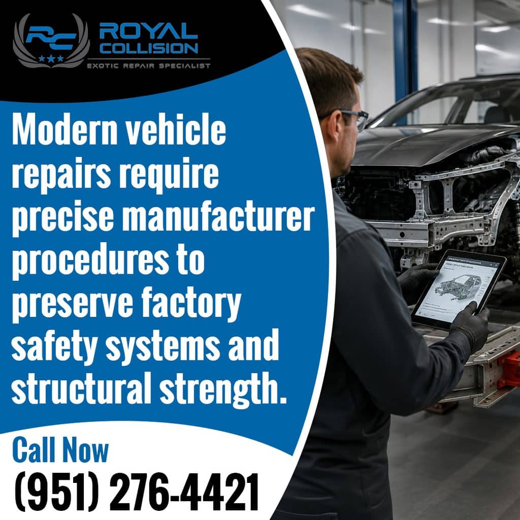 A collision repair technician holding a diagnostic tablet showing manufacturer repair procedures in front of a dismantled vehicle chassis at Royal Collision, with text emphasizing that modern vehicle repairs require precise manufacturer procedures to preserve factory safety systems and structural strength.
