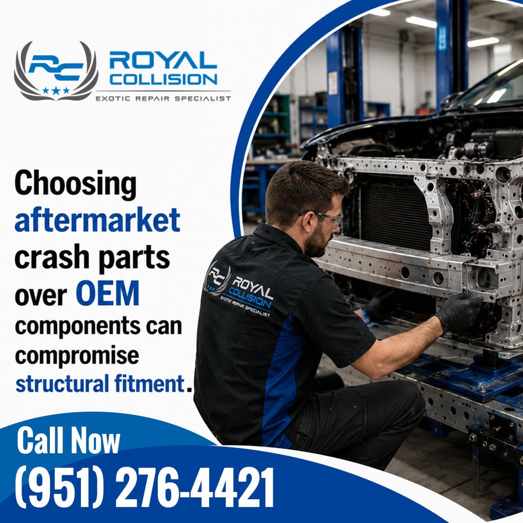 Exotic collision repair specialist inspecting the unibody bumper reinforcement and radiator support on an alignment frame jig inside a repair shop.