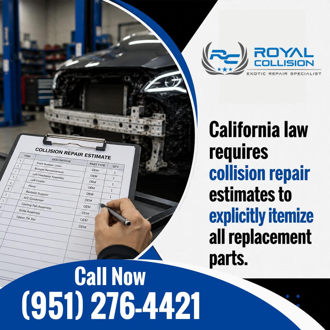 Hands reviewing an itemized collision repair estimate clipboard listing OEM replacement parts in front of a damaged vehicle on a shop lift.