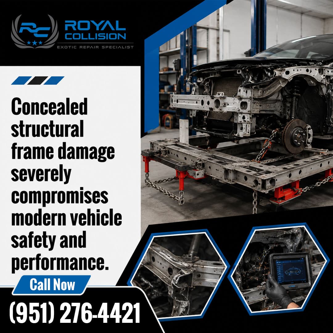 Vehicle chassis mounted on a heavy-duty frame alignment bench with tie-down chains, paired with hexagonal insets showing crumpled unibody metal and an electronic diagnostic scan tablet.