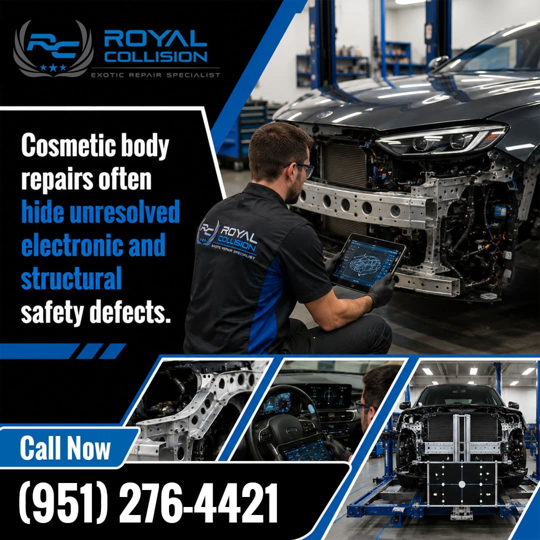 Exotic collision repair specialist holding an electronic diagnostic tablet in front of an exposed vehicle bumper frame, with lower panels showing unibody frame rail details, in-cabin diagnostics, and laser frame measuring equipment.