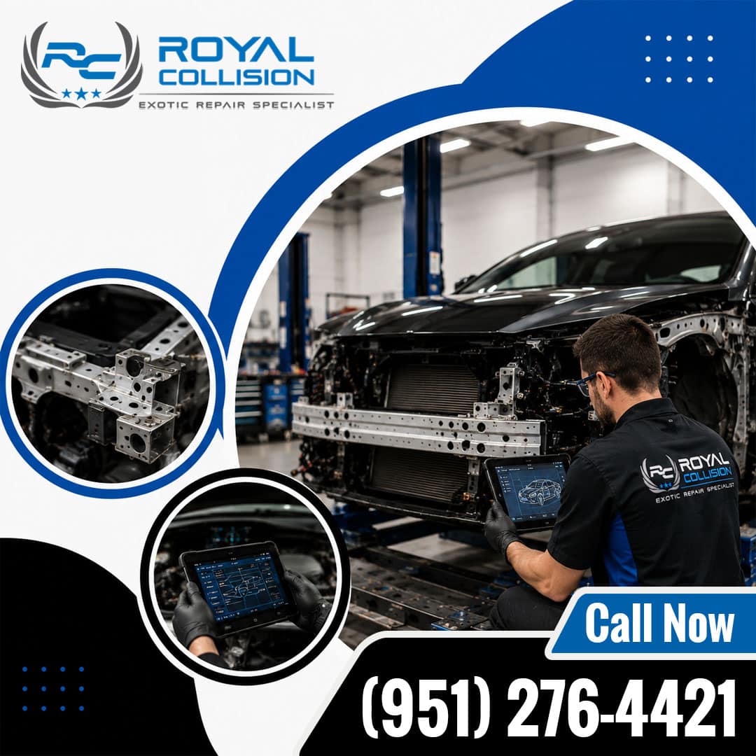 Exotic collision repair specialist holding a diagnostic tablet in front of a disassembled vehicle front end, accompanied by circular insets displaying chassis framing and scan tool readouts.
