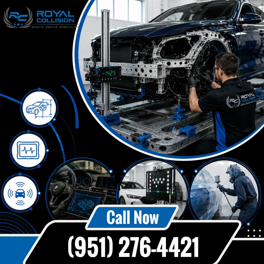 Collision repair specialist aligning a vehicle frame on a computerized 3D measuring bench, surrounded by circular insets highlighting interior diagnostic scanning, ADAS camera target calibration, and automotive paint booth spraying.