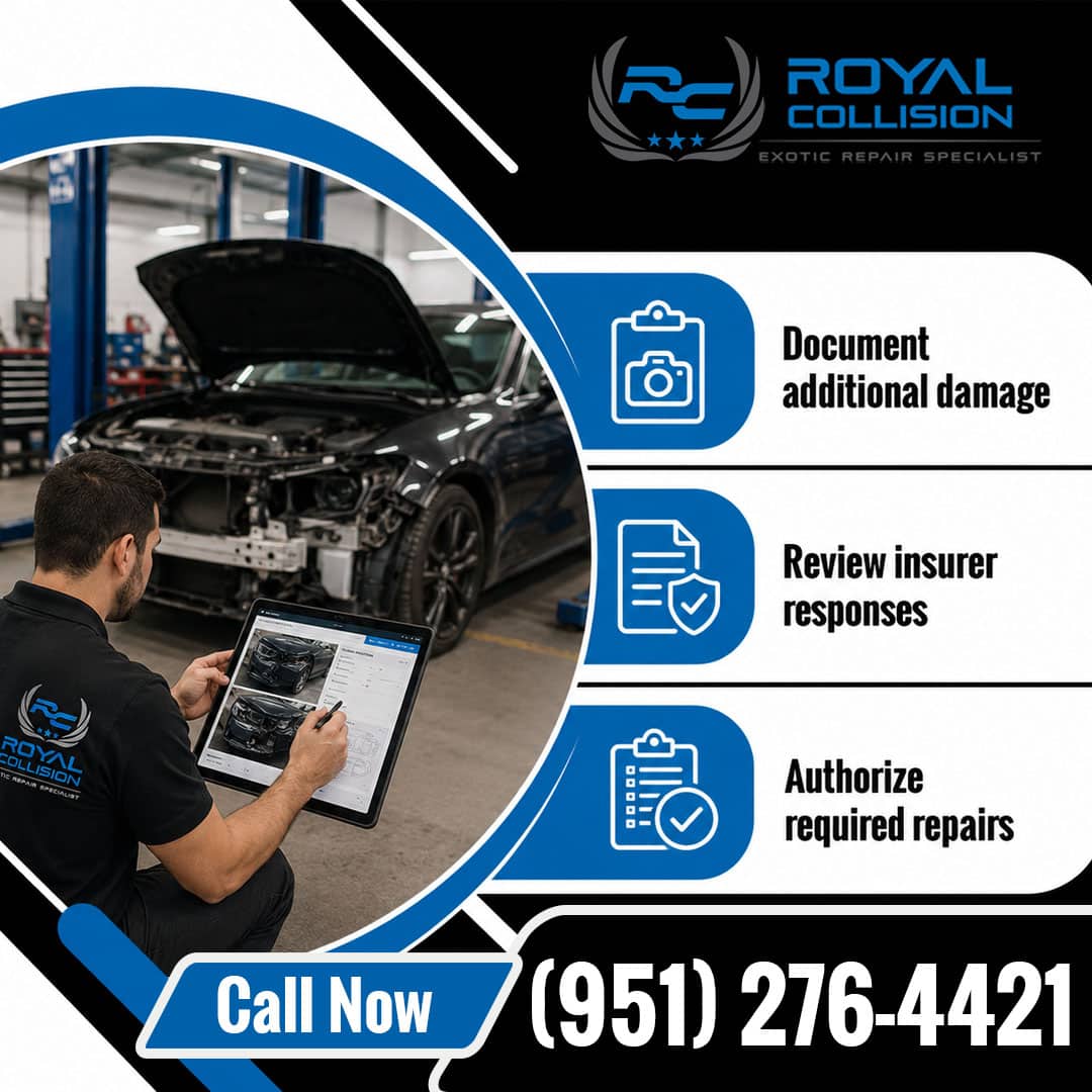: Exotic collision repair specialist kneeling by a disassembled vehicle while documenting damage on a digital tablet, alongside an insurance claims workflow graphic.