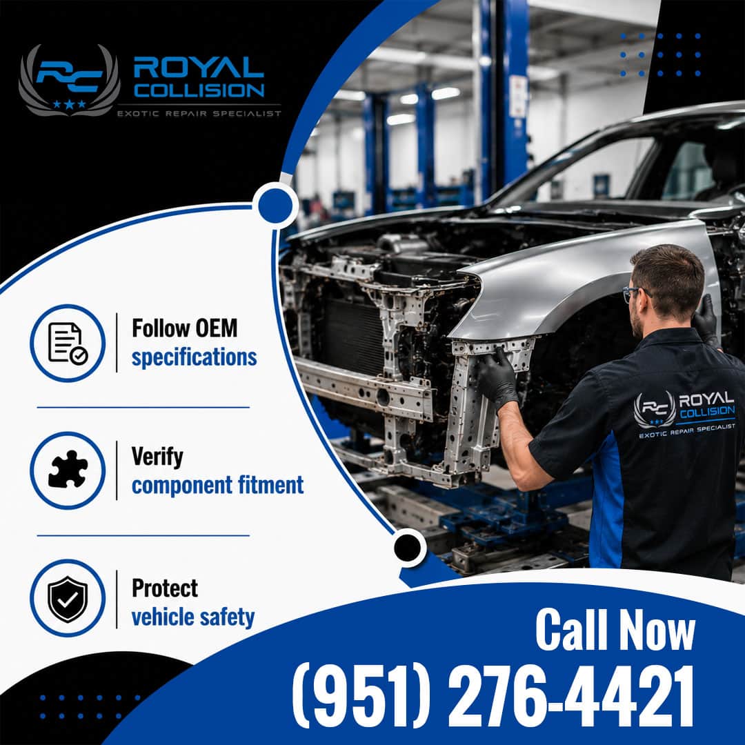 Exotic collision repair specialist test-fitting a silver front fender onto an exposed vehicle frame mounted on a hydraulic lift.