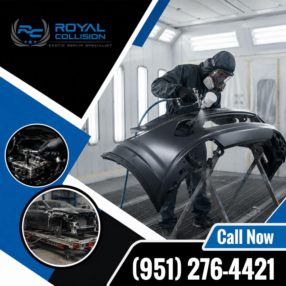 Collision repair technician in protective paint suit spraying a vehicle bumper in a downdraft paint booth, paired with insets of engine mechanical assembly and a vehicle on a frame rack.