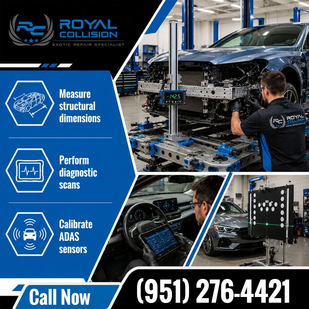 Exotic collision technician using a computerized 3D measuring system on a vehicle frame rack, with lower panels showing interior diagnostic scanning and ADAS target board calibration.